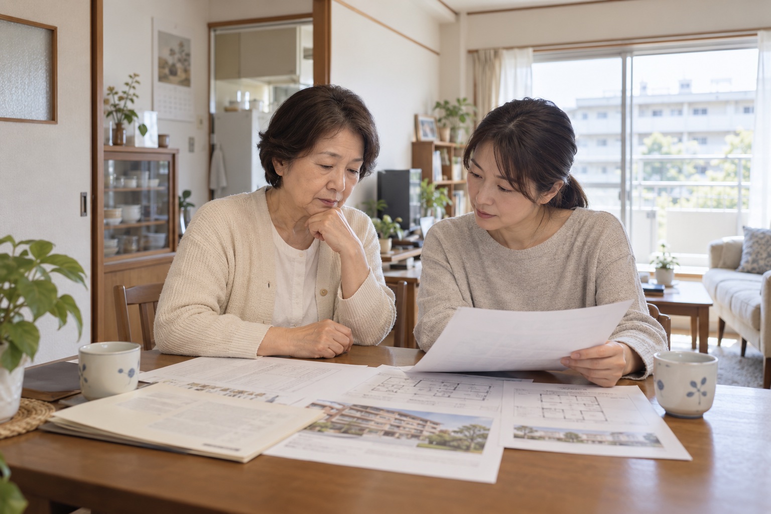 自宅で住まいの資料を確認する親子