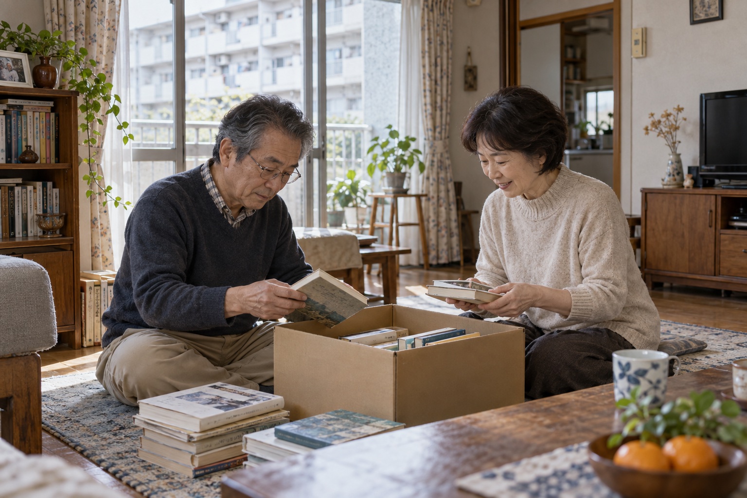 部屋の荷物を整理する夫婦